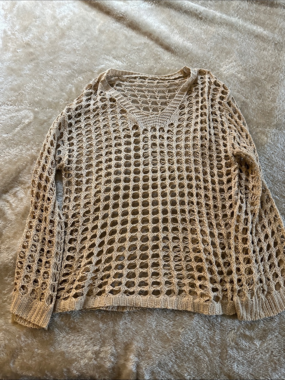 Women’s Open-Knit V-Neck Sweater in Beige